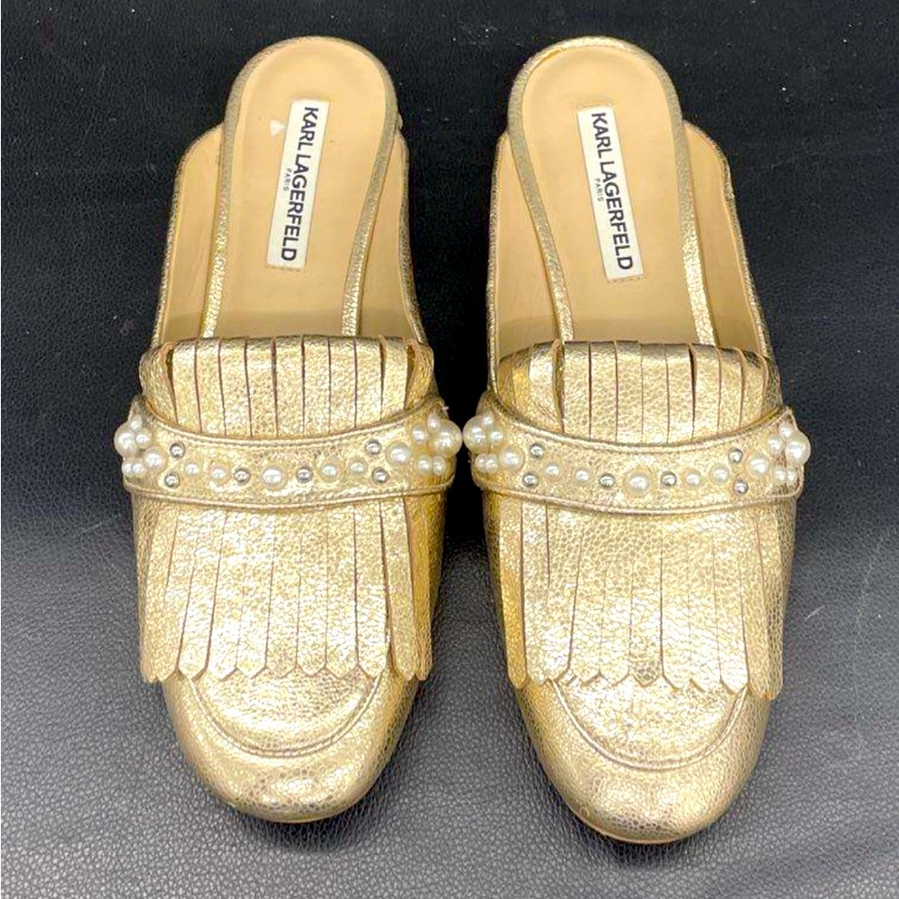 Karl Lagerfeld Paris Becky Gold Leather Fringed Loafers with Pearls, Size 10 EUC